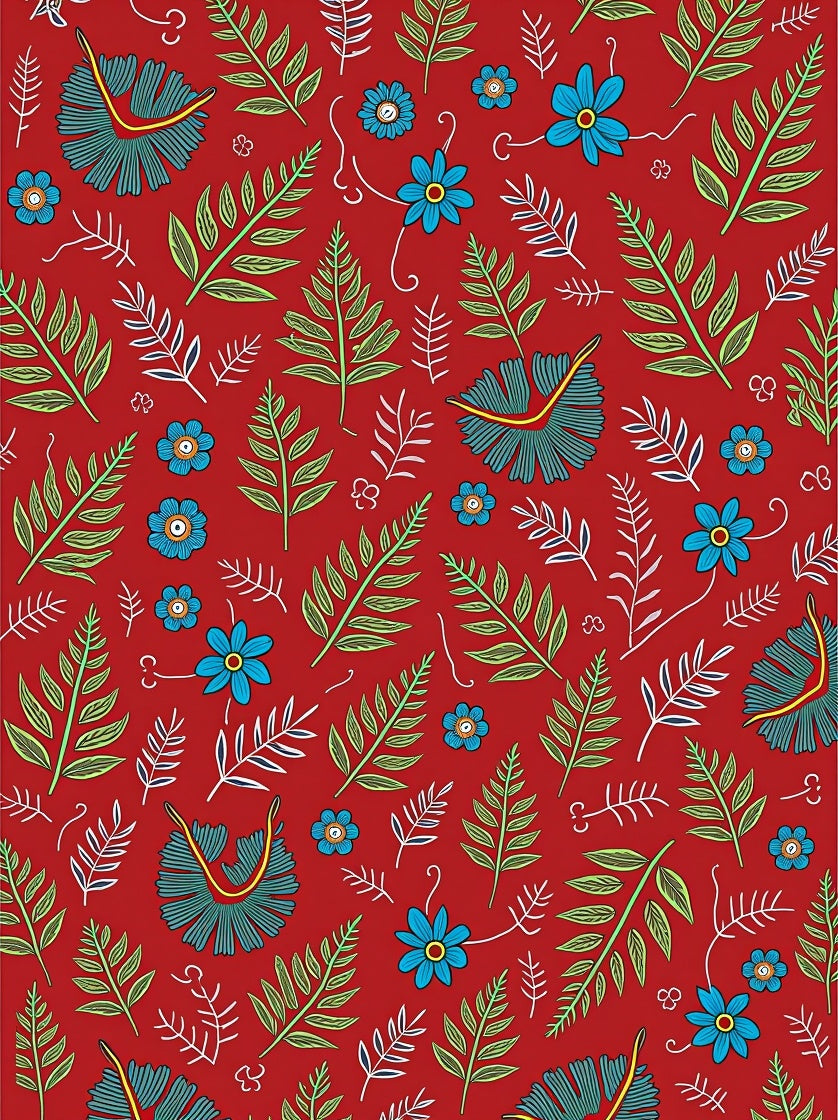 Red Floral Fern Pattern Design Rug