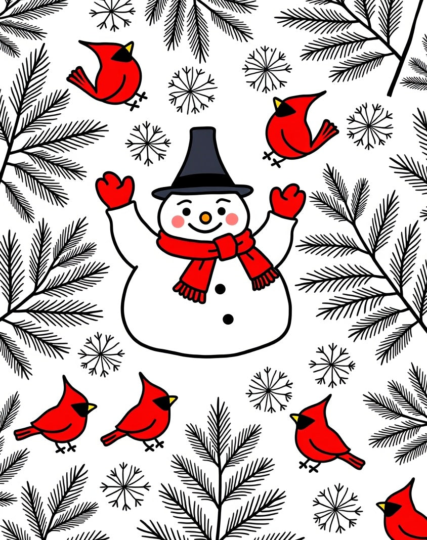Whimsical Snowman Red Cardinal Winter Scene Rug