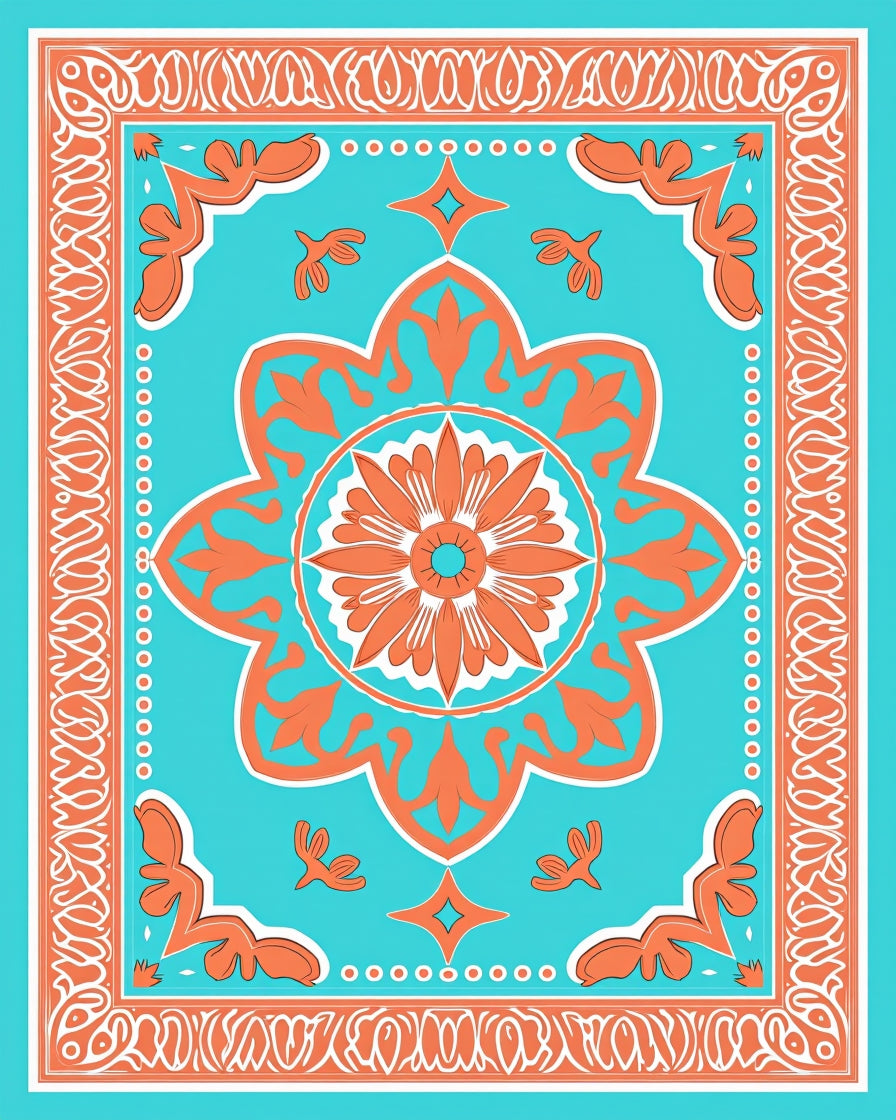 Orange Teal Floral Mandala Design Rug