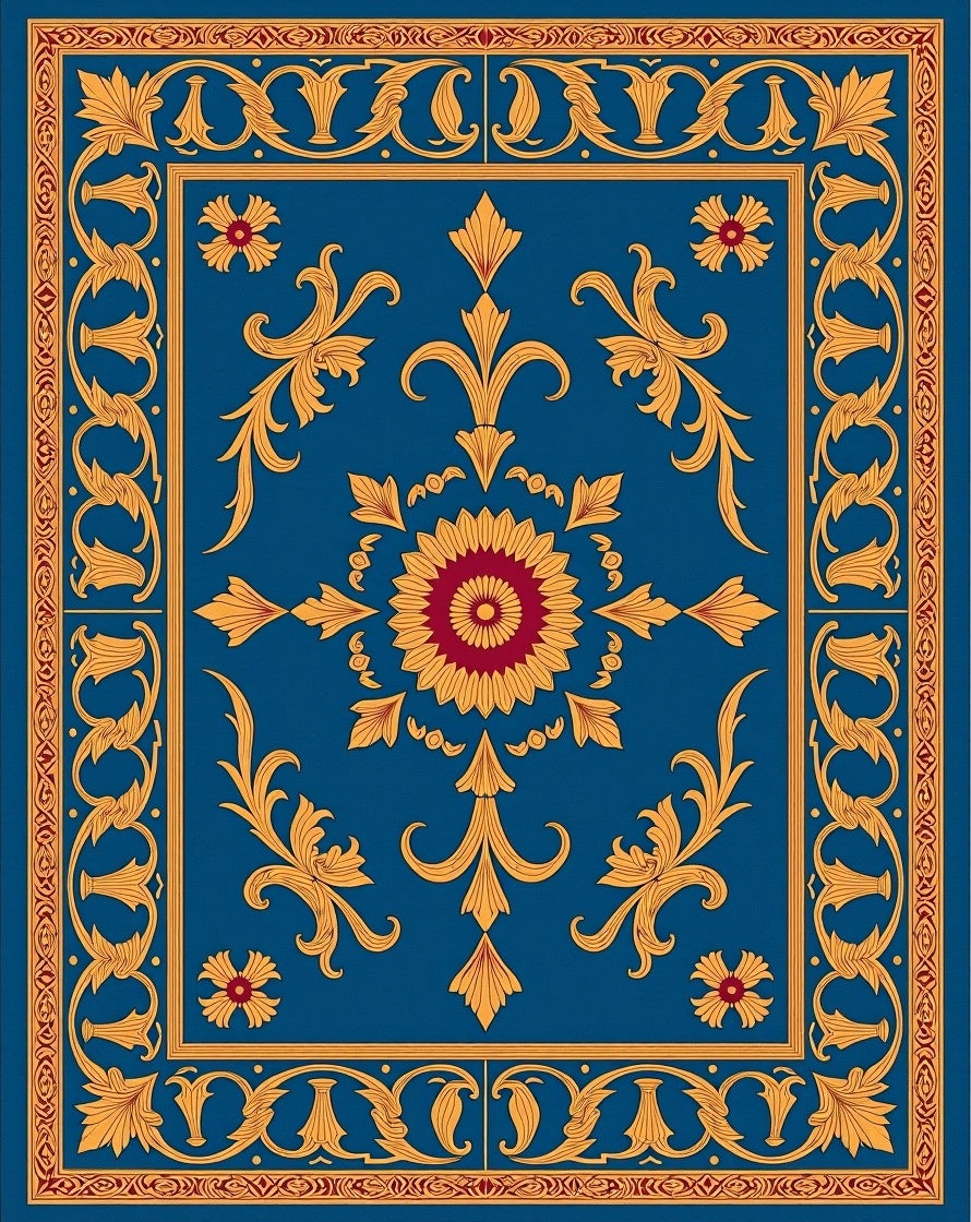 Intricate Gold Floral Bordered Medallion Rug