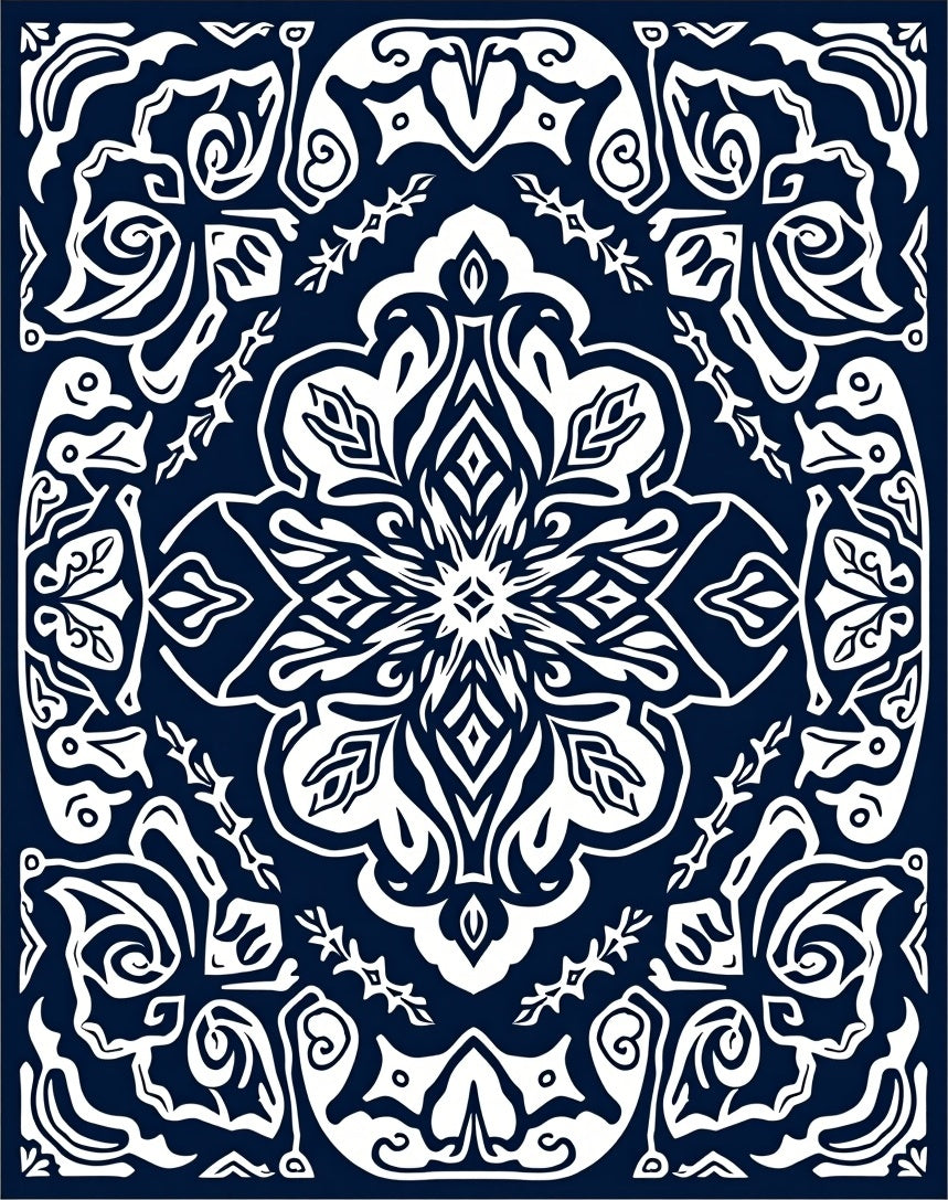 Dark Blue White Ornate Medallion Rug