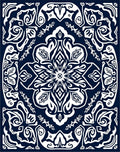 Dark Blue White Ornate Medallion Rug