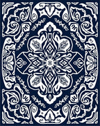 Dark Blue White Ornate Medallion Rug