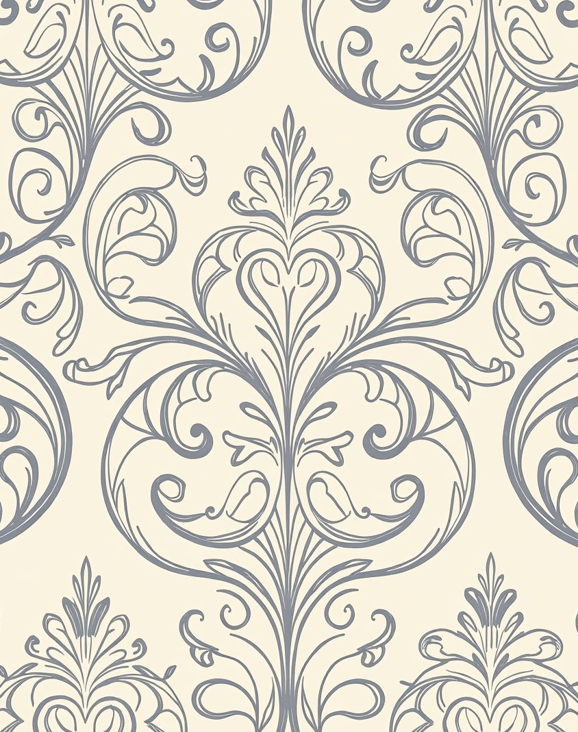 Gray Scrollwork Damask Pattern Rug