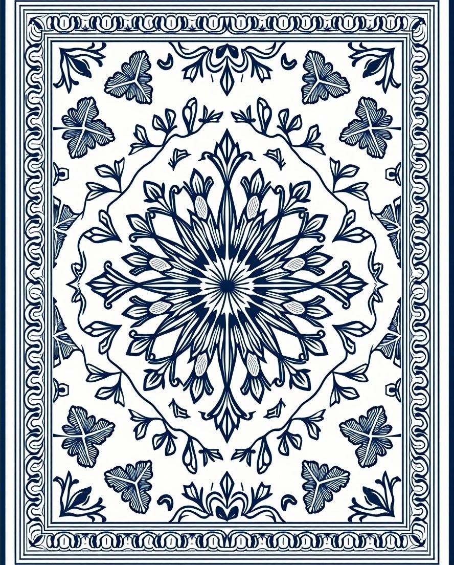 Classic Blue Floral Mandala Pattern Rug