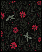 Crimson Daisy Dragonfly Botanical Black Rug