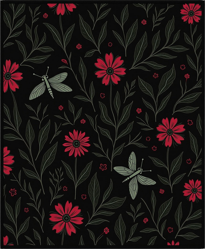 Crimson Daisy Dragonfly Botanical Black Rug