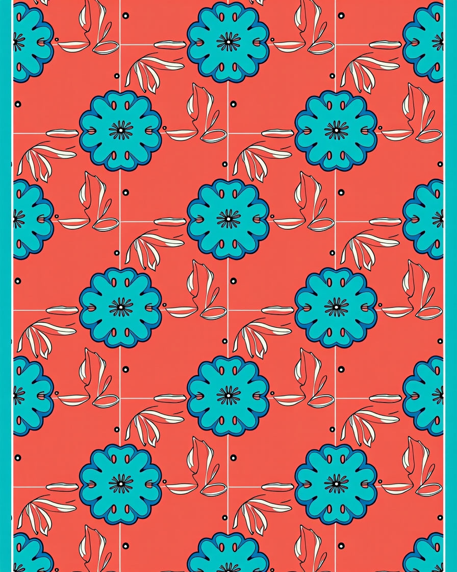 Coral Turquoise Floral Pattern Rug