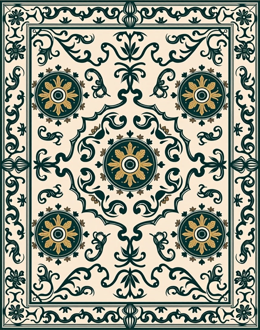 Ornate Medallion Emerald Scroll Design Rug