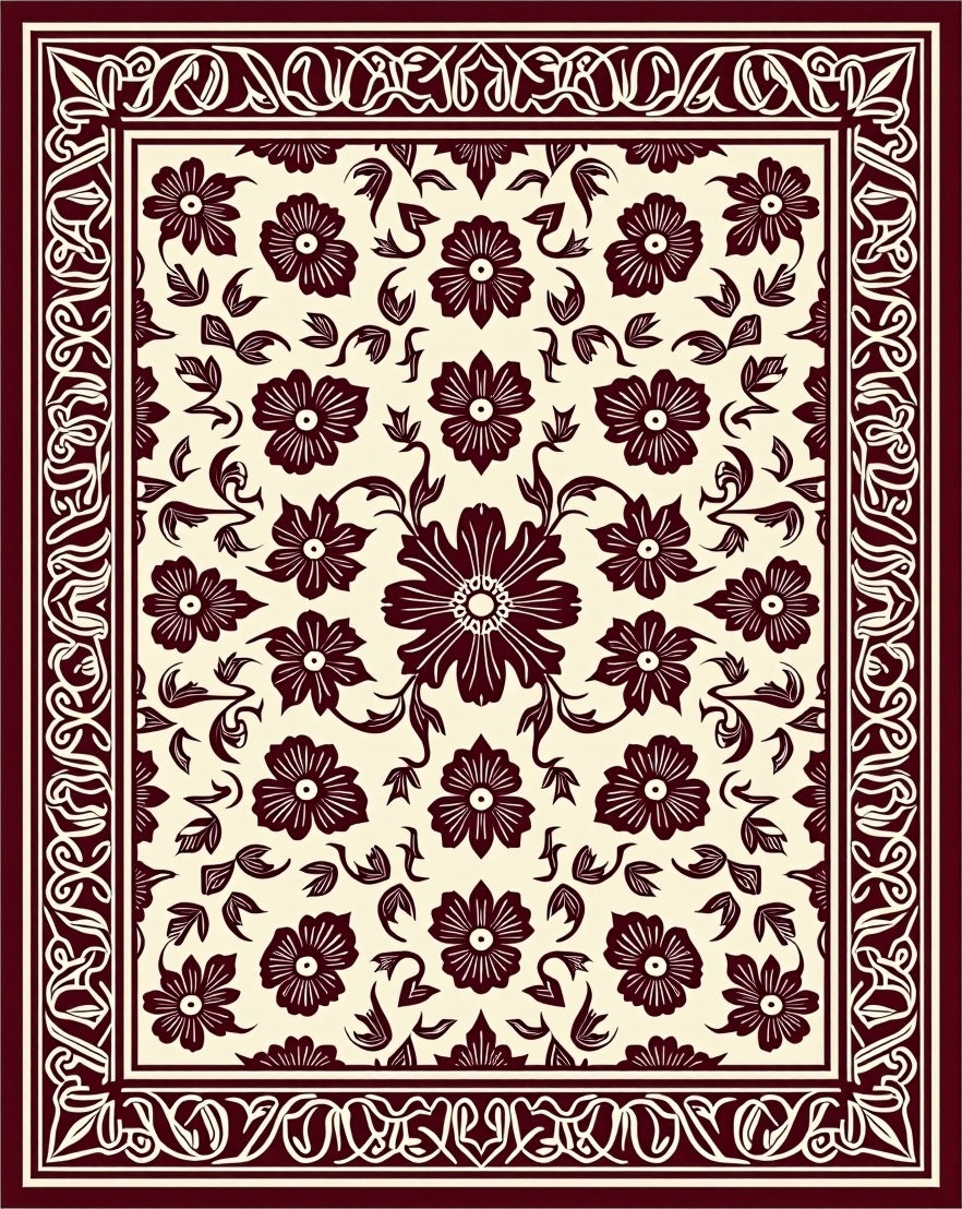Ornate Floral Vines Burgundy Cream Rug
