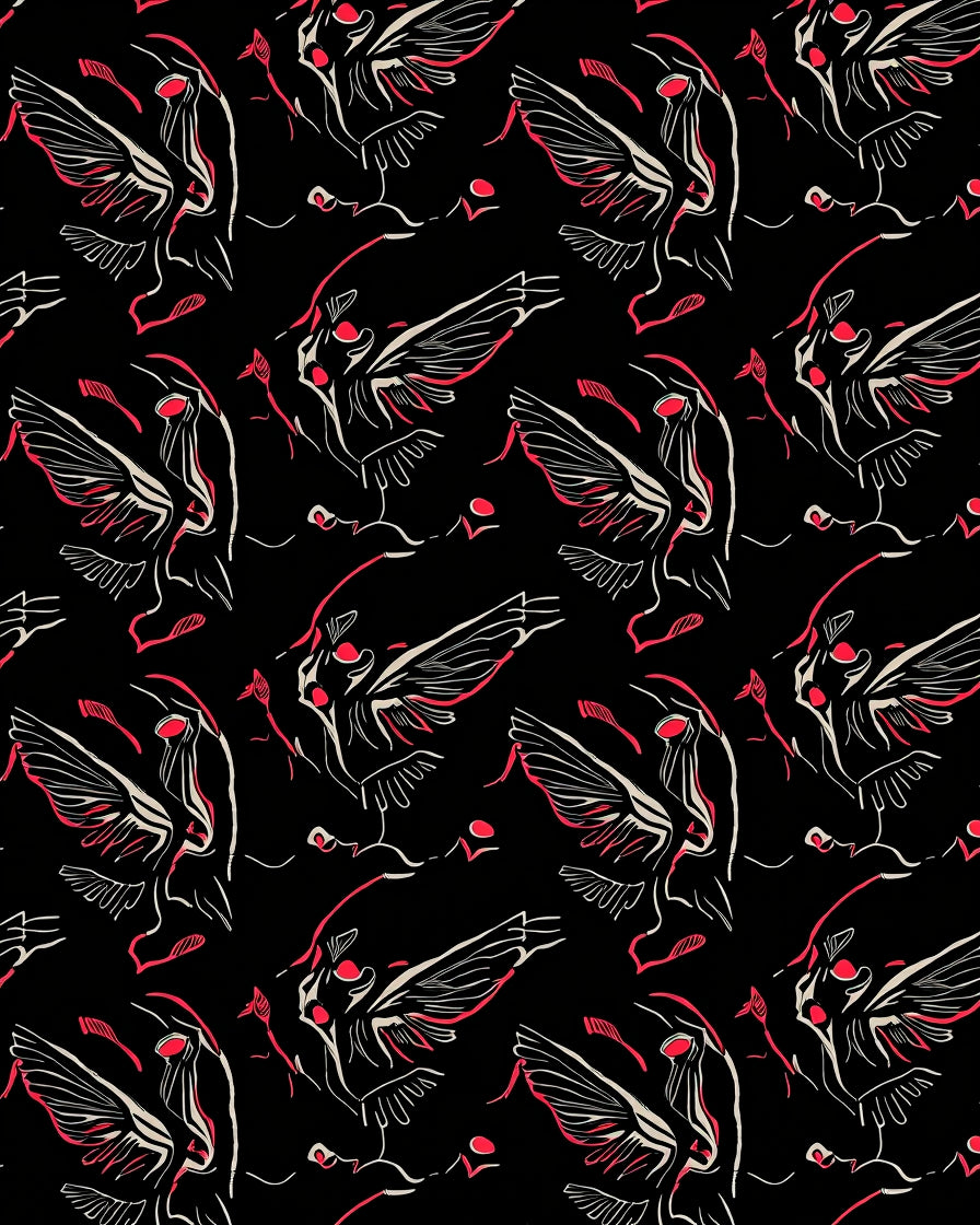 Red Swirling Winged Figures Pattern Rug