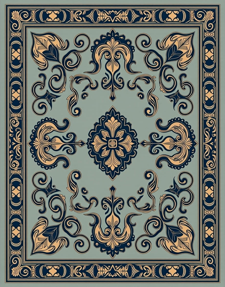 Ornate Scrollwork Floral Pattern Design Rug