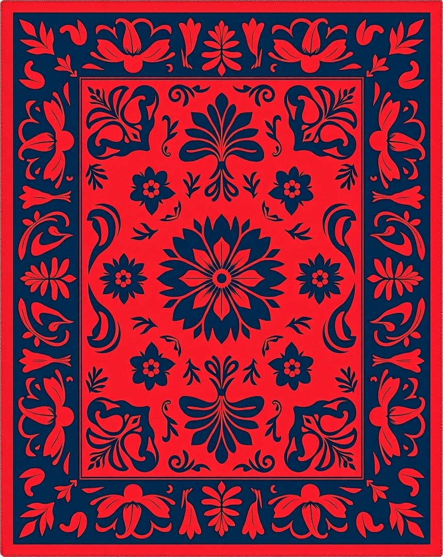 Bold Red Navy Floral Folk Rug