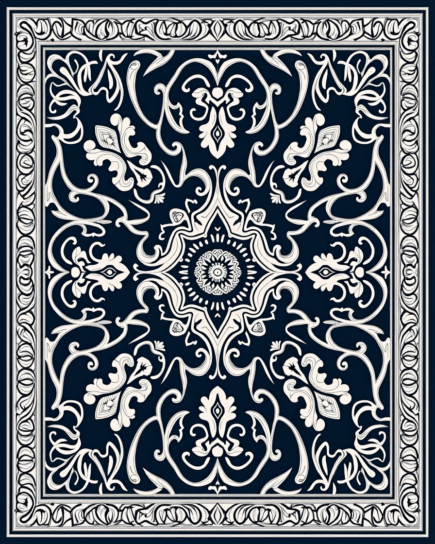Classic Navy Cream Floral Pattern Rug