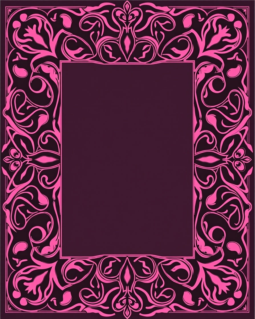 Ornate Pink Floral Scroll Border Design Rug