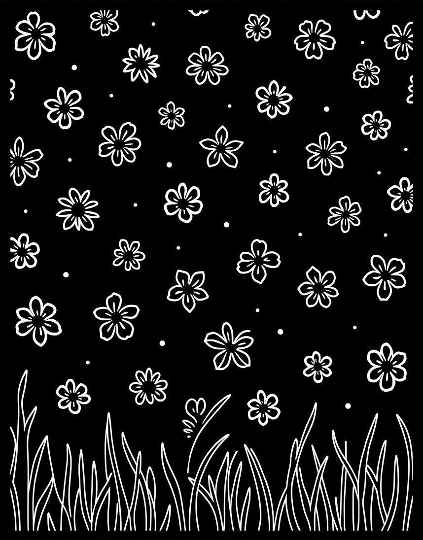Black White Blooming Grass Flowers Rug
