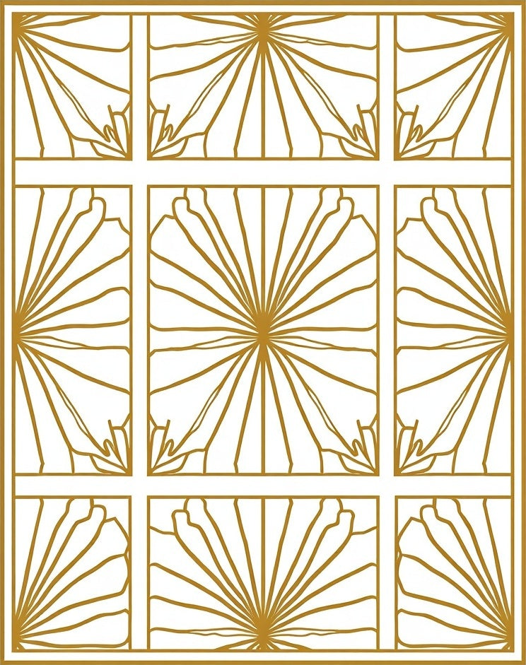 Geometric Fan Pattern Golden Outline Rug