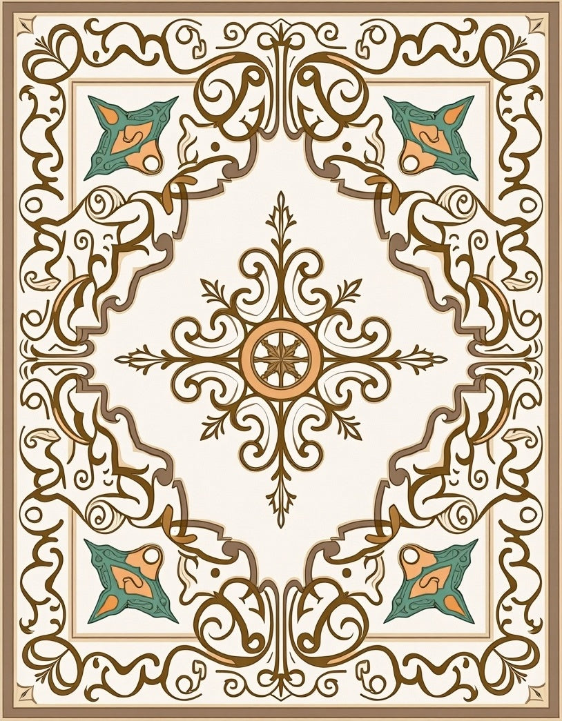 Elegant Beige Scrollwork Floral Medallion Rug