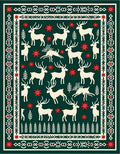Green Red Cream Deer Folk Art Rug