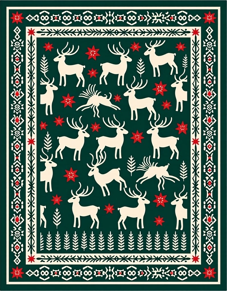 Green Red Cream Deer Folk Art Rug