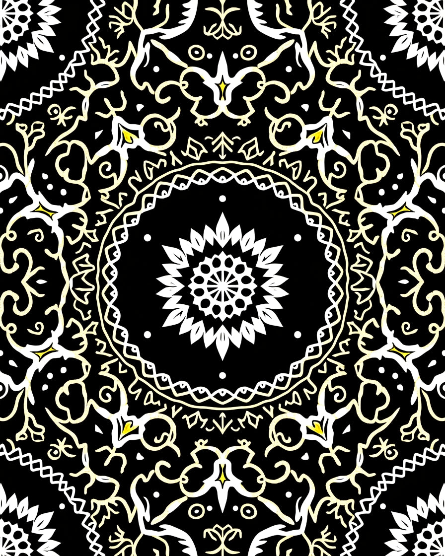 Black White Yellow Mandala Floral Rug