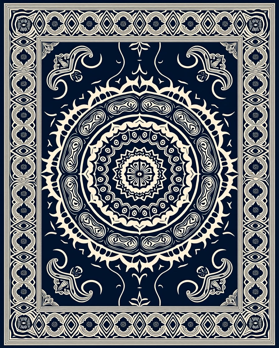 Navy Cream Intricate Mandala Border Rug