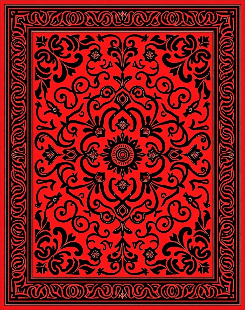 Red Floral Scrollwork with Black Border Rug