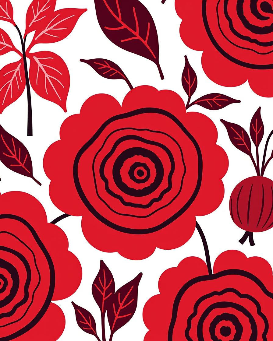 Bold Red Black Floral Design Rug