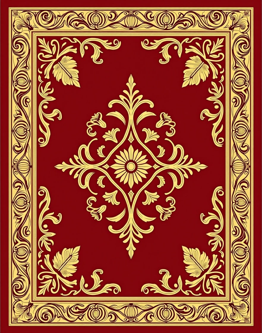 Ornate Floral Scrollwork Red Gold Rug