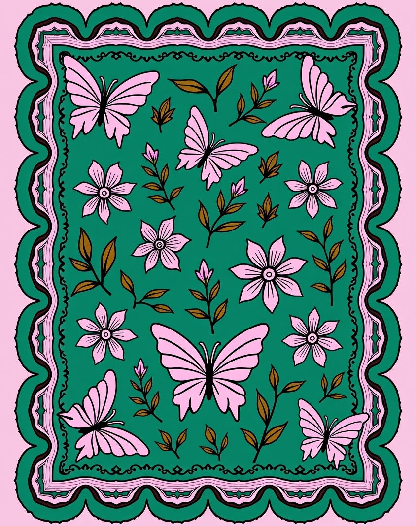 Pink Butterfly Blossom Teal Rug