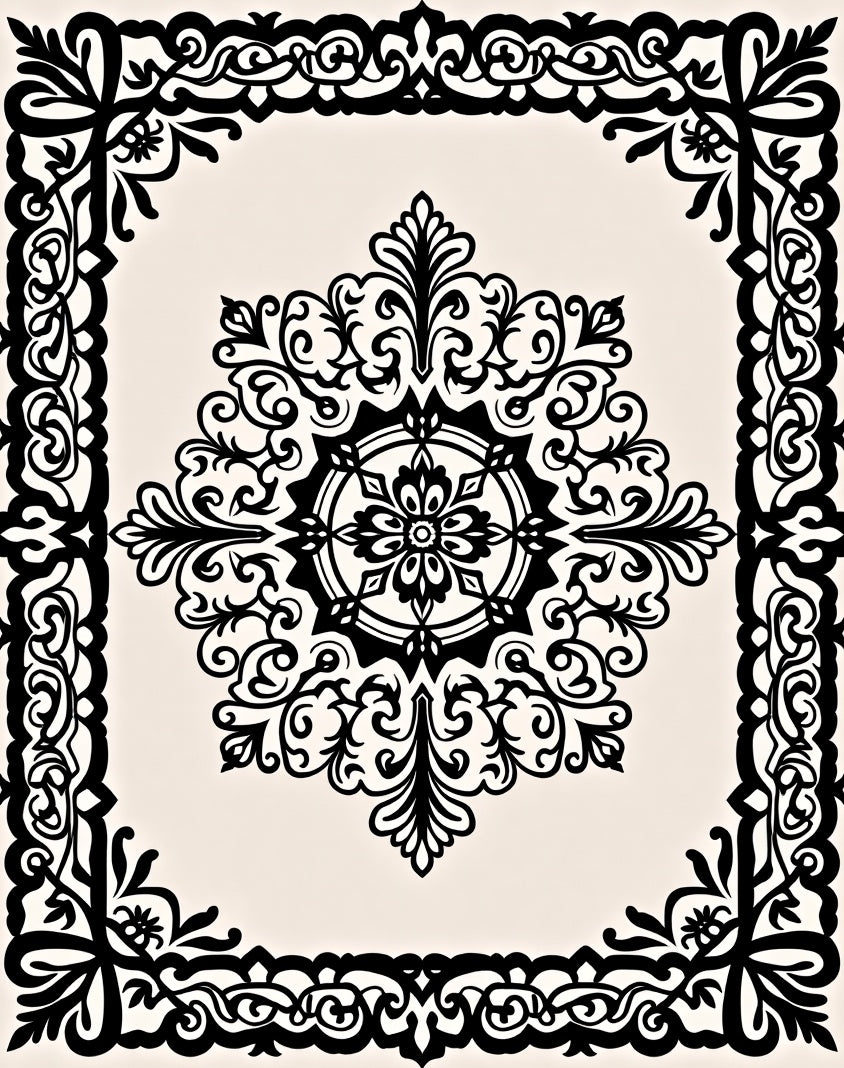 Ornate Black White Medallion Design Rug