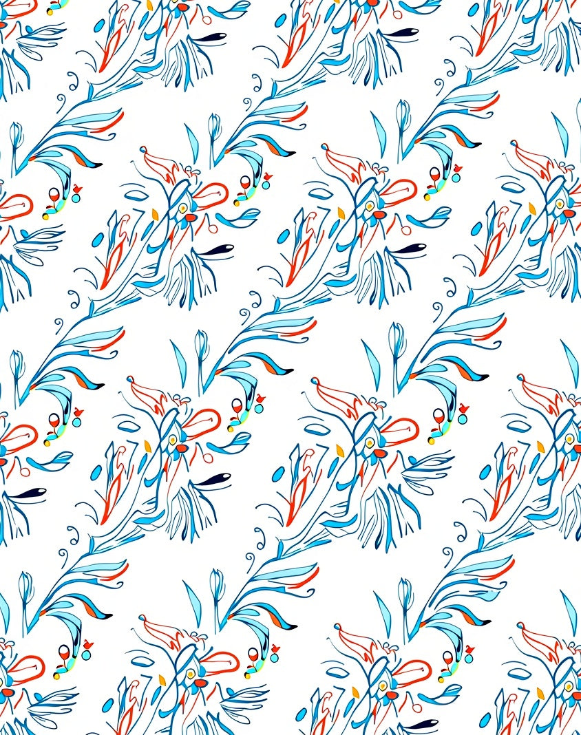 Whimsical Blue Coral Floral Scroll Rug