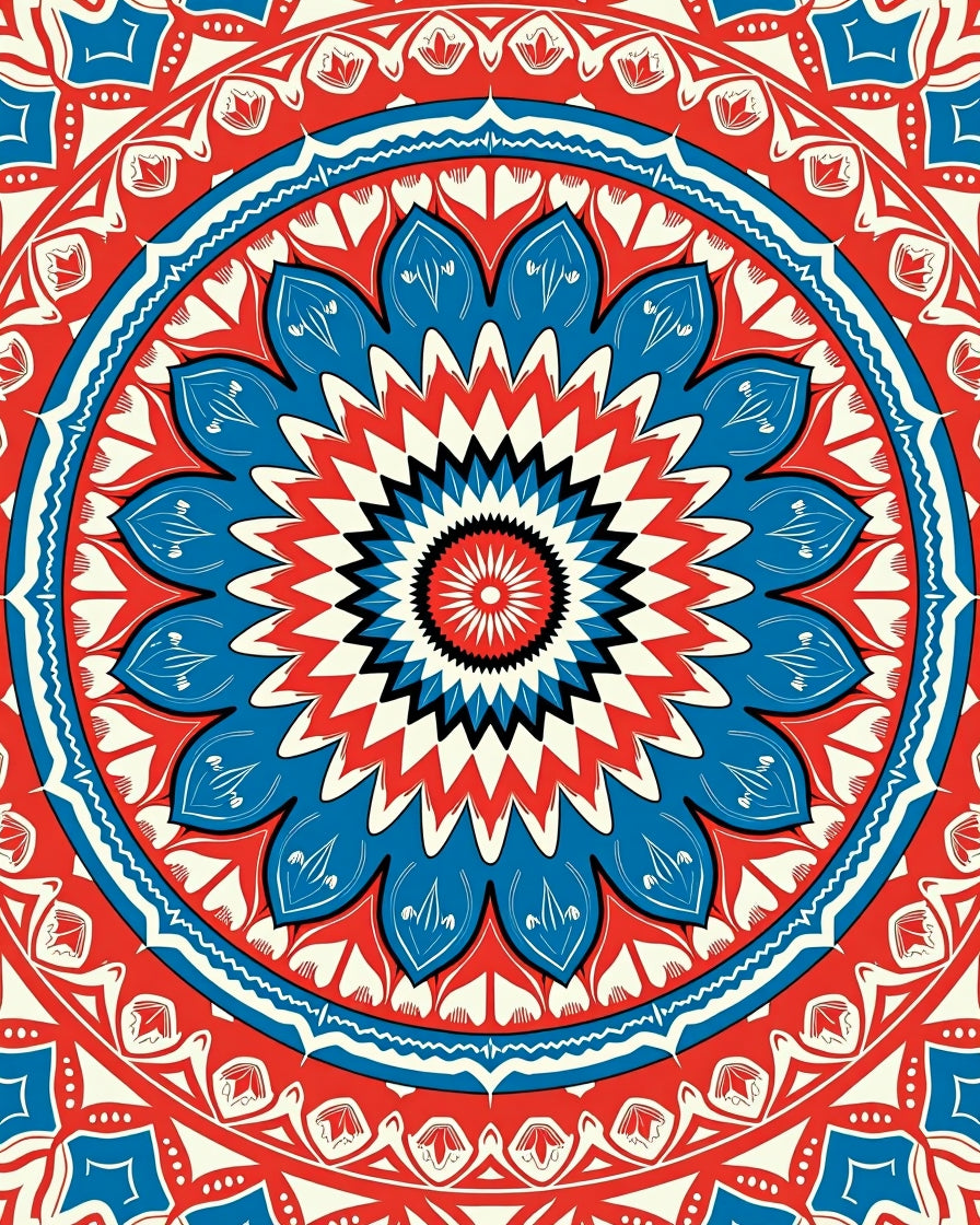 Vibrant Red Blue Floral Mandala Design Rug
