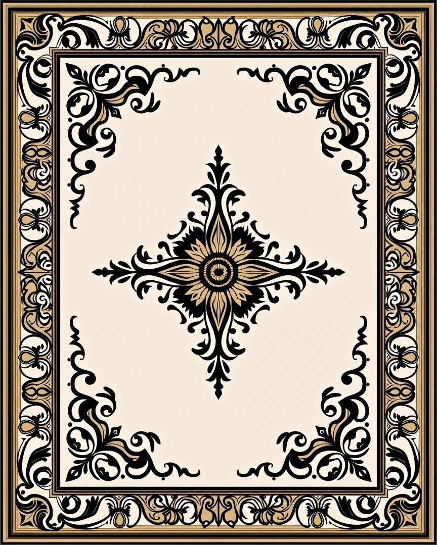 Ornate Black Gold Floral Motif Rug