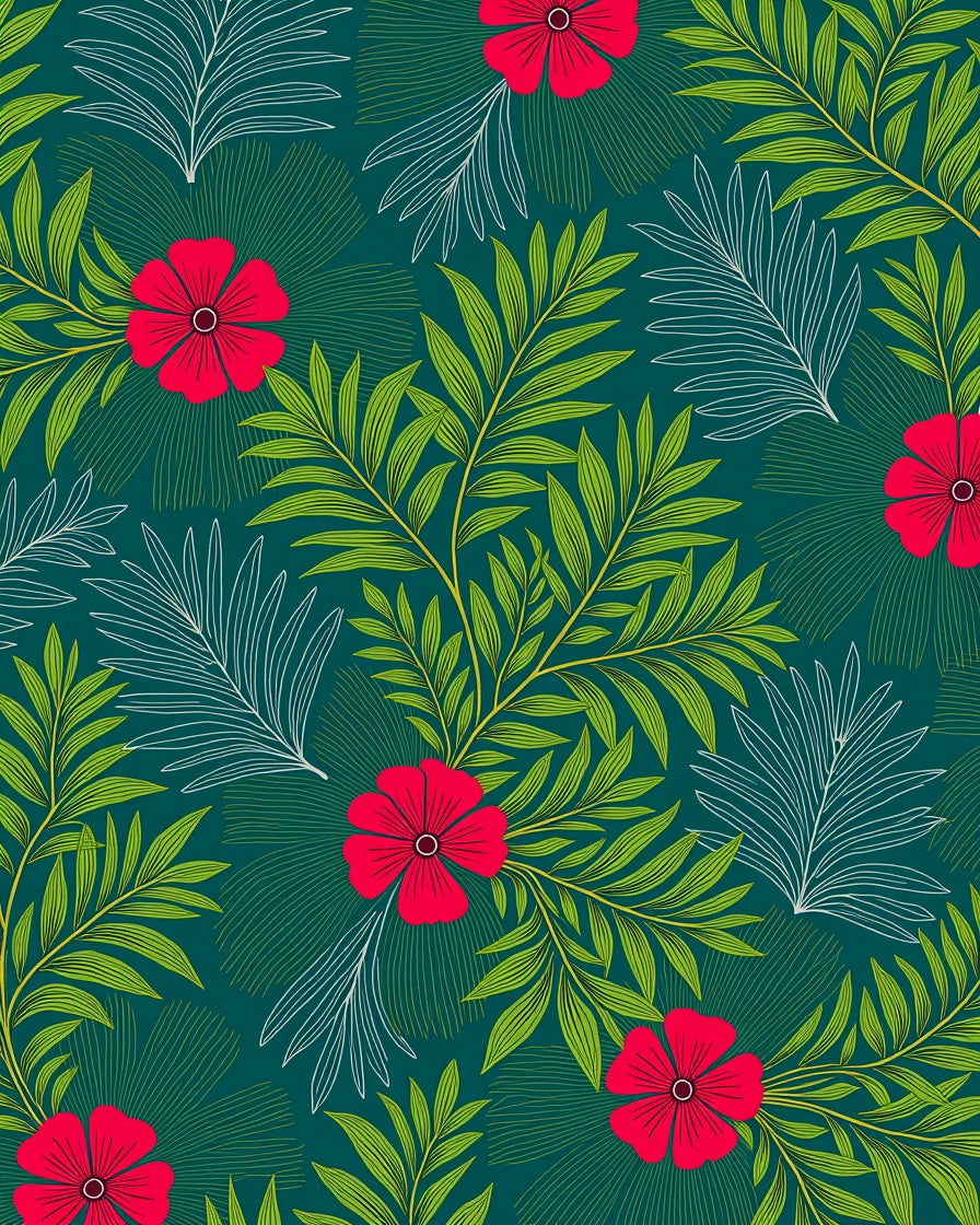 Vibrant Red Floral Green Leaf Pattern Rug