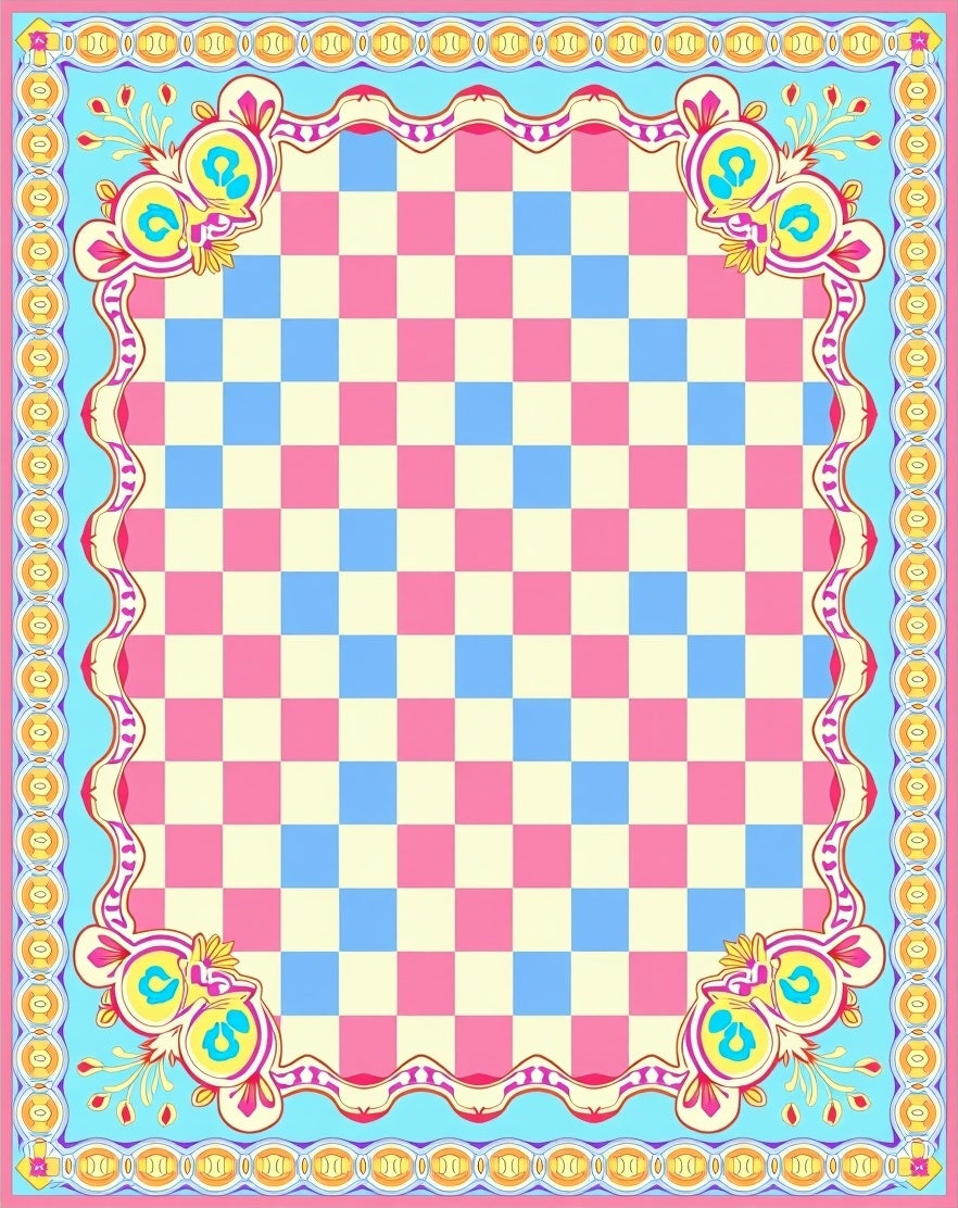 Whimsical Checkered Floral Design Rug