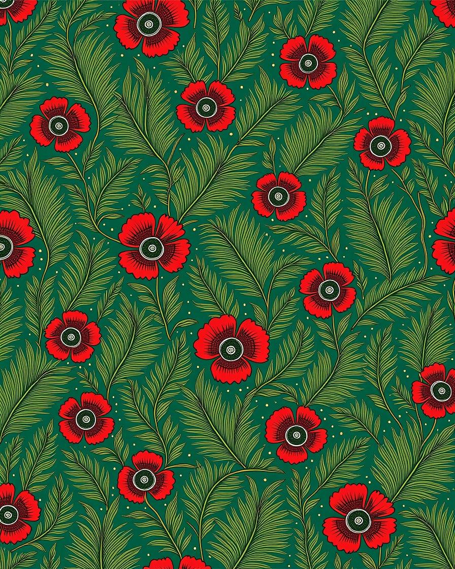 Vibrant Red Poppy Fern Pattern Rug