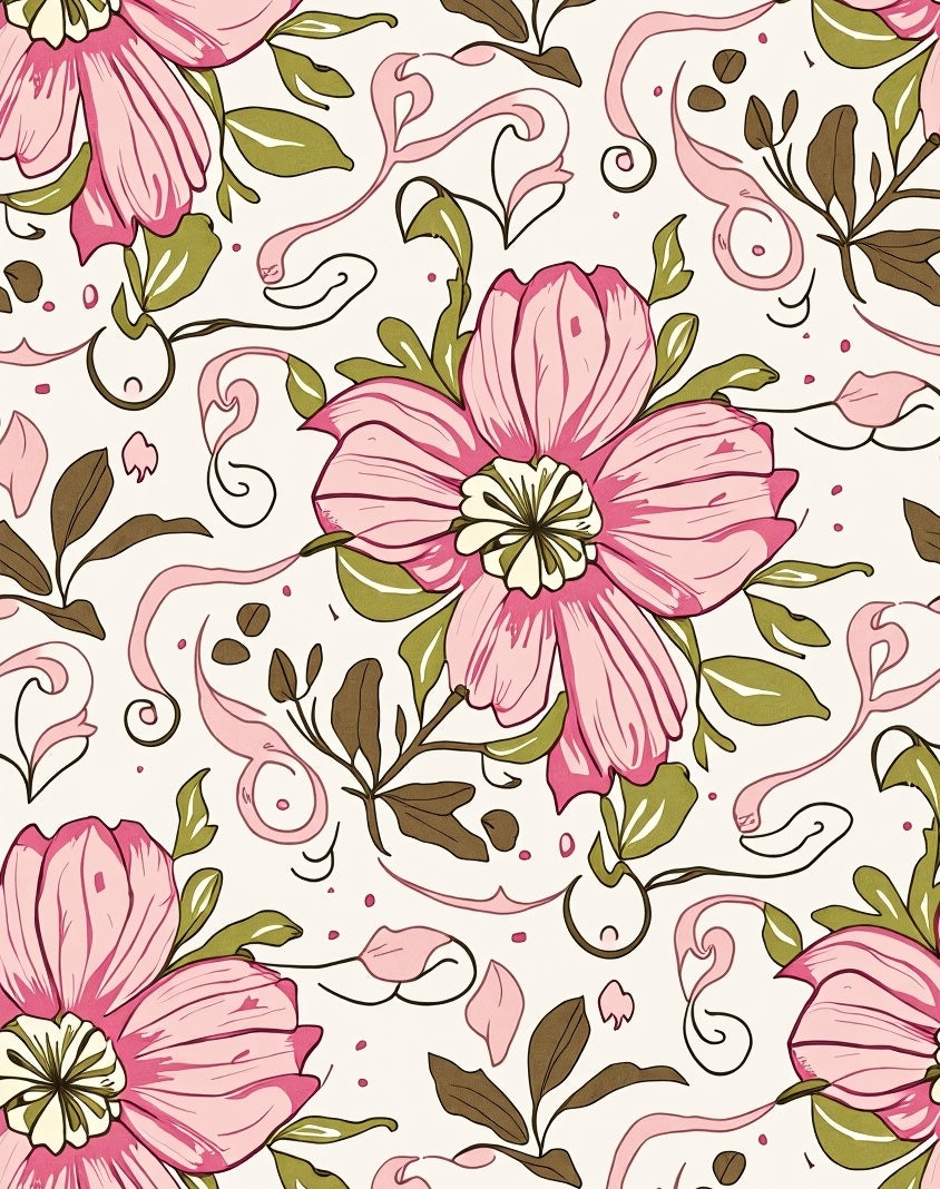 Pink Floral Swirls Botanical Pattern Rug