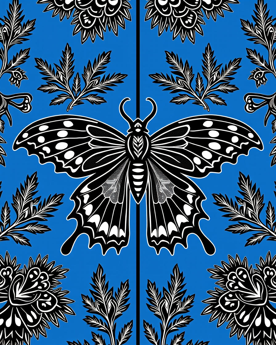 Bold Black Butterfly Branch Medallion Rug