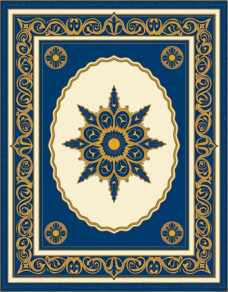 Ornate Blue Gold Floral Patterned Rug