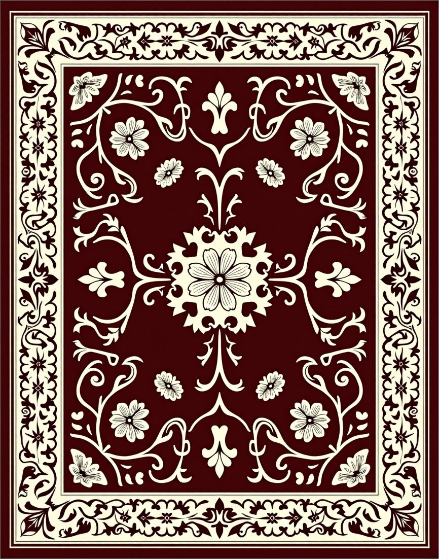 Red Floral Scrollwork Traditional Design Rug