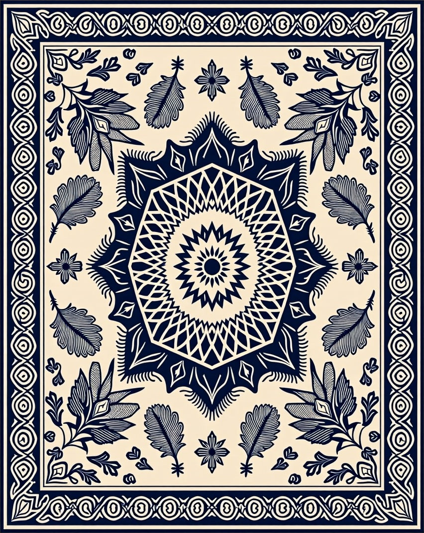 Navy Leaf Starburst Geometric Mandala Rug
