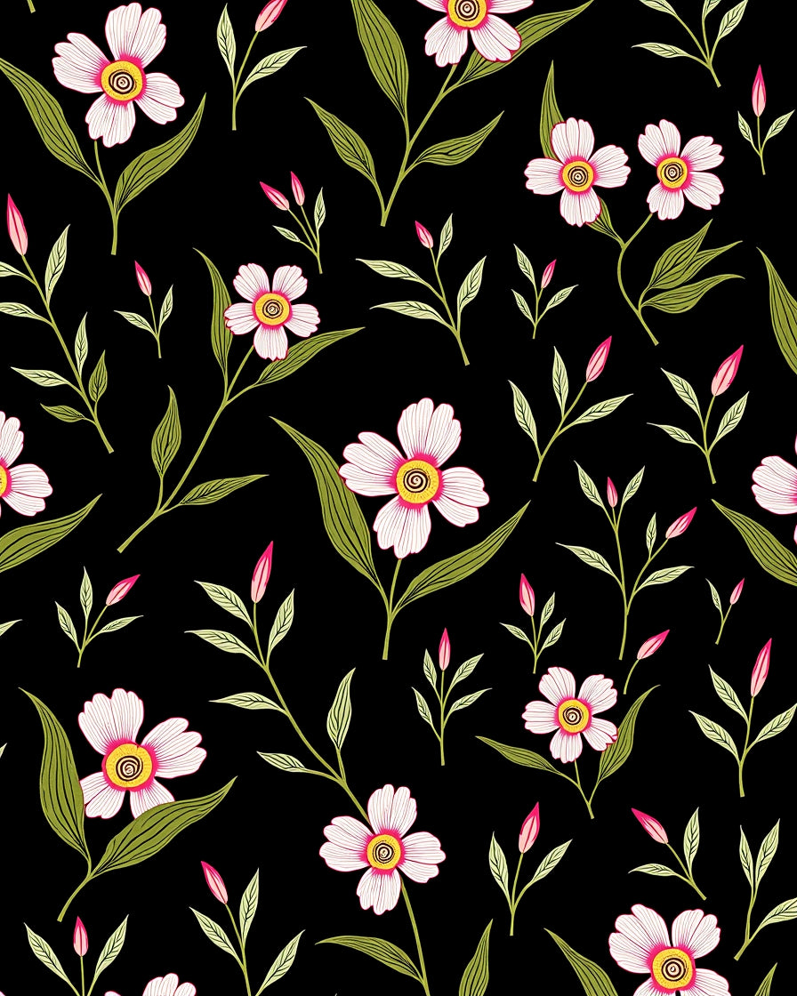 Black Floral Bloom Pattern Rug