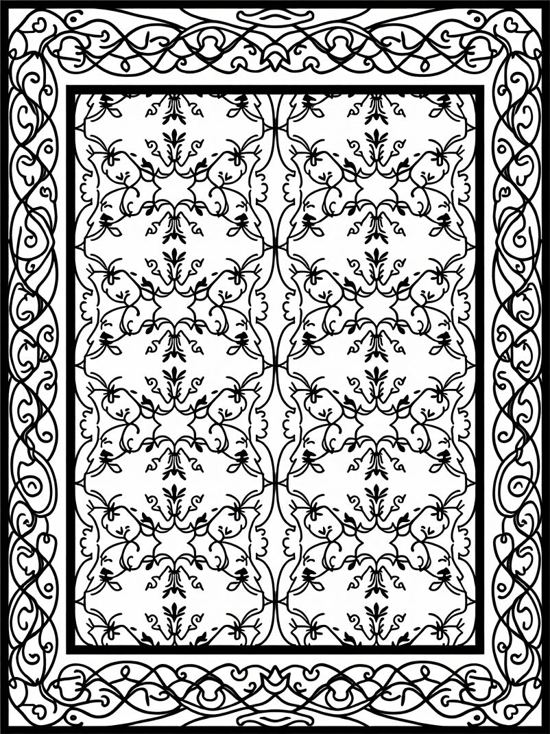 Ornate Black White Scroll Pattern Rug