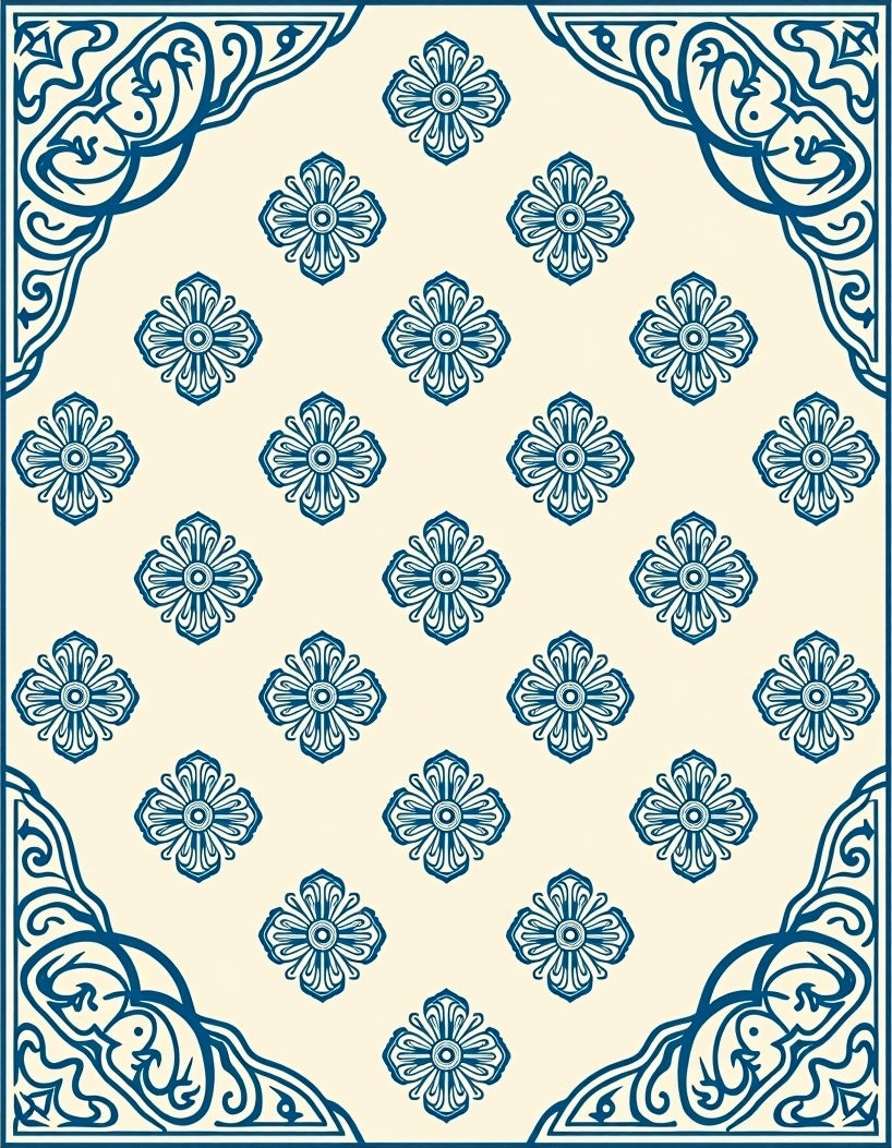 Ornate Blue Floral Patterned Rug