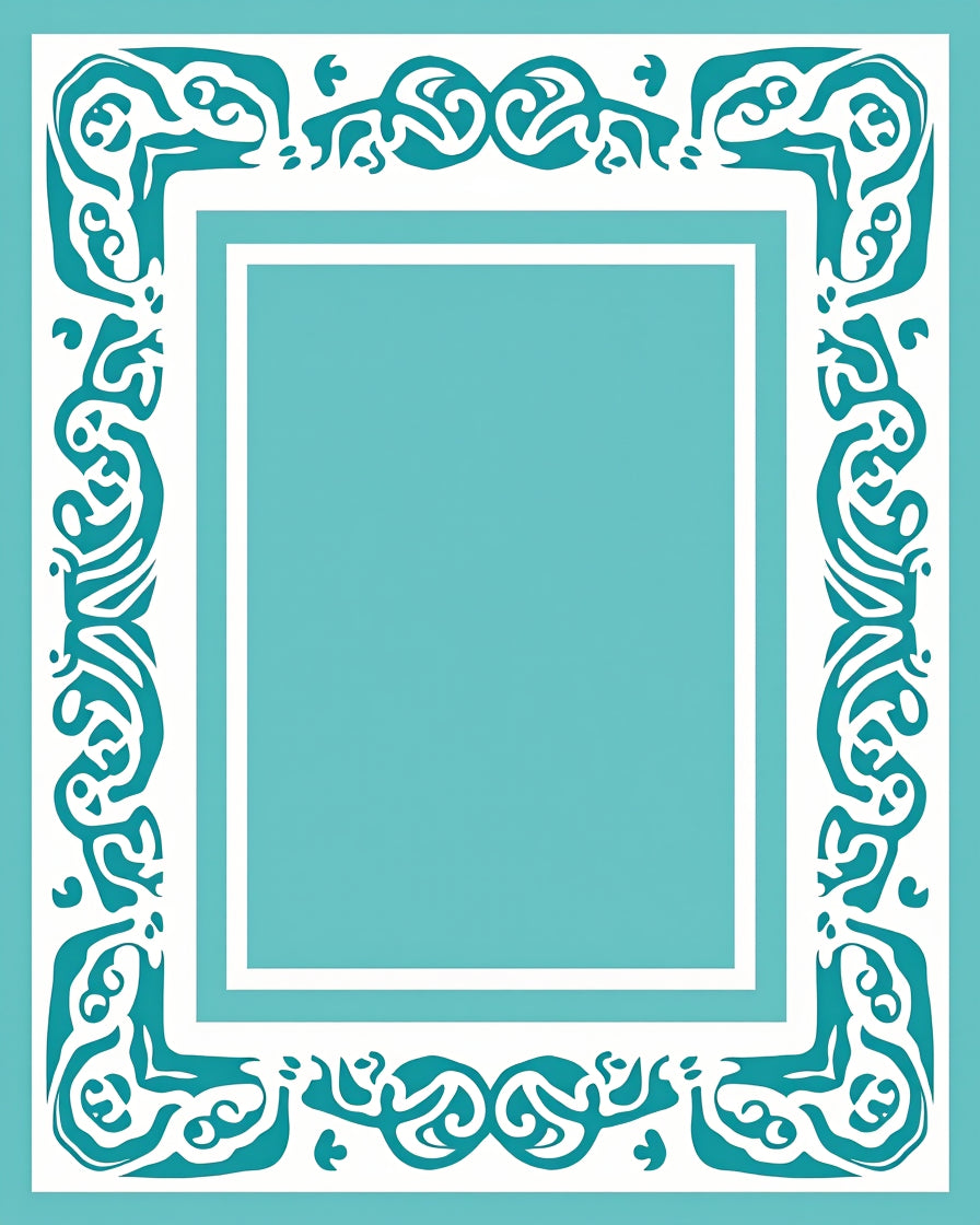 Teal White Scroll Border Pattern Rug