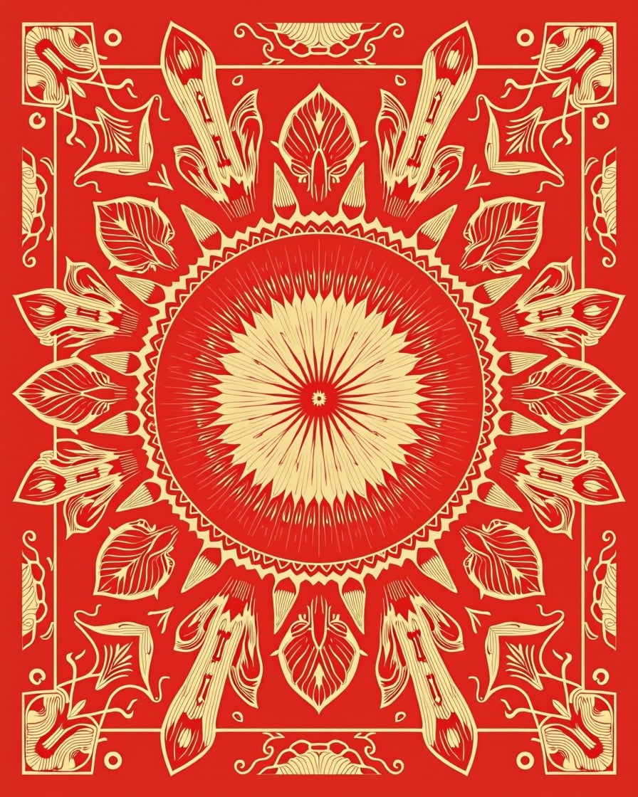 Bold Red Sunburst Mandala Design Rug