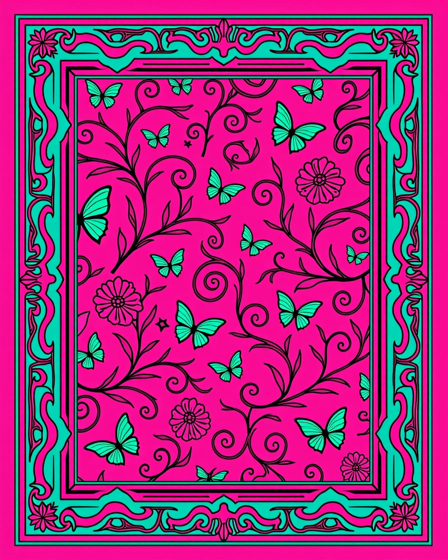 Pink Vibrant Butterfly Floral Swirl Pattern Rug
