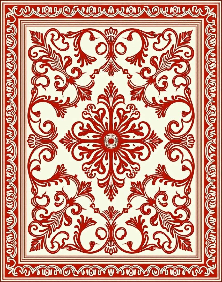 Red Floral Scrollwork Damask Pattern Rug