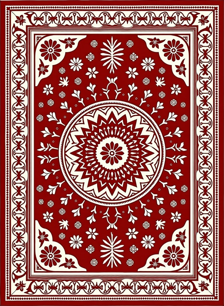 Traditional Red Cream Mandala Pattern Rug
